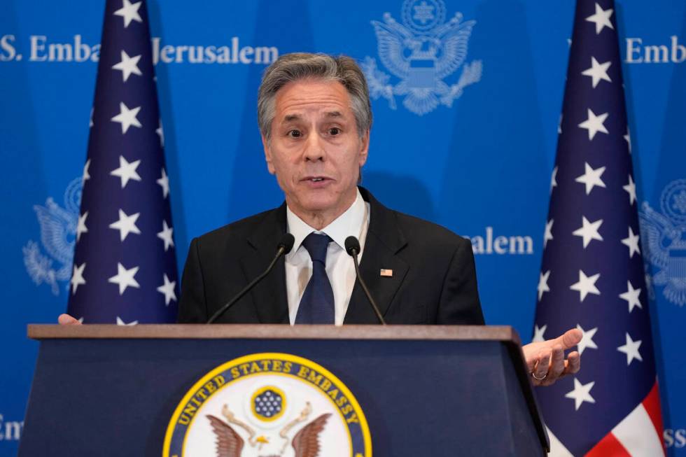 U.S. Secretary of State Antony Blinken speaks during a press conference in Tel Aviv, Israel, We ...