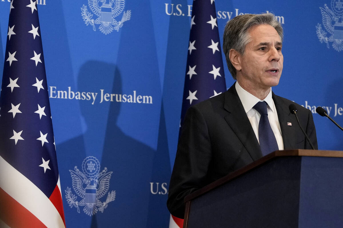 U.S. Secretary of State Antony Blinken speaks during a press conference in Tel Aviv, Israel, We ...