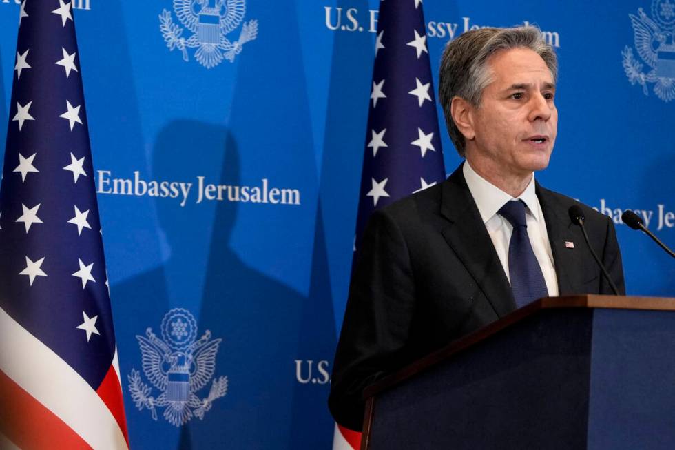 U.S. Secretary of State Antony Blinken speaks during a press conference in Tel Aviv, Israel, We ...