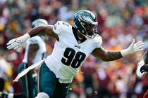 Philadelphia Eagles defensive tackle Jalen Carter (98) plays during the first half of an NFL fo ...
