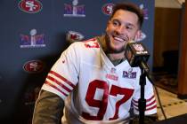San Francisco 49ers defensive lineman Nick Bosa talks with the news media at Hilton Lake Las Ve ...