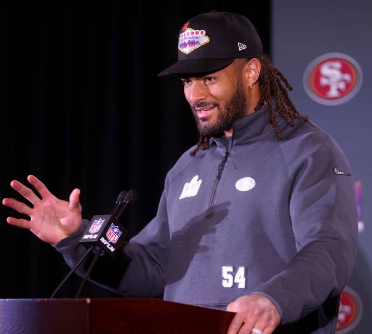 San Francisco 49ers linebacker Fred Warner talks with the news media at Hilton Lake Las Vegas R ...