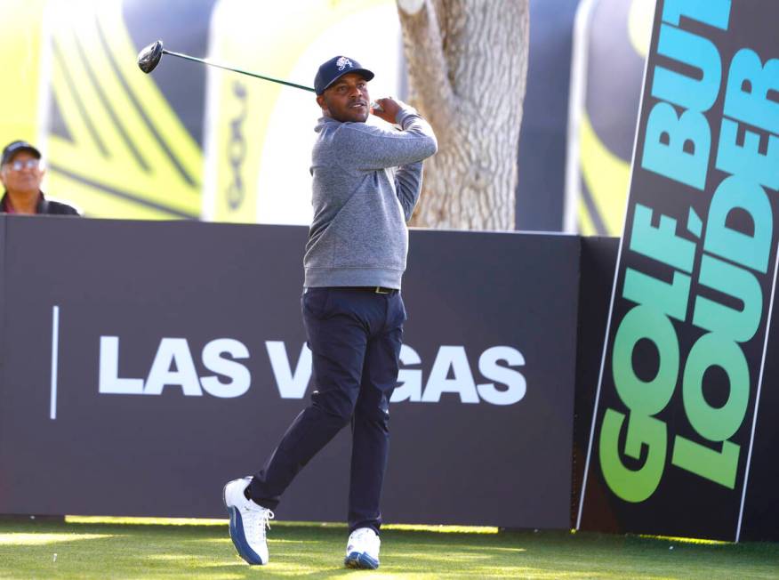 Harold Varner III of team Aces GC drives off the tee during the first round of LIV Golf Las Veg ...