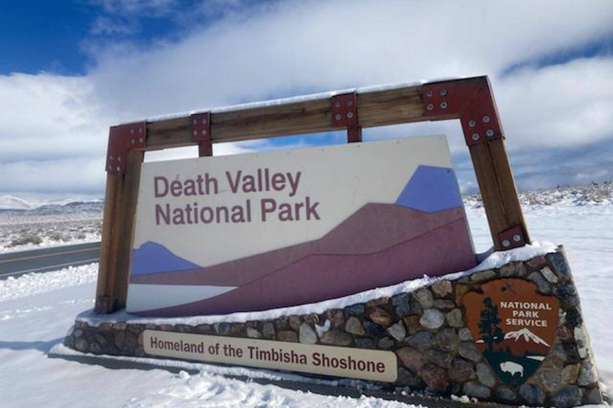 Snow at Death Valley National Park’s west entrance on California state Route 190 on Thursday, ...