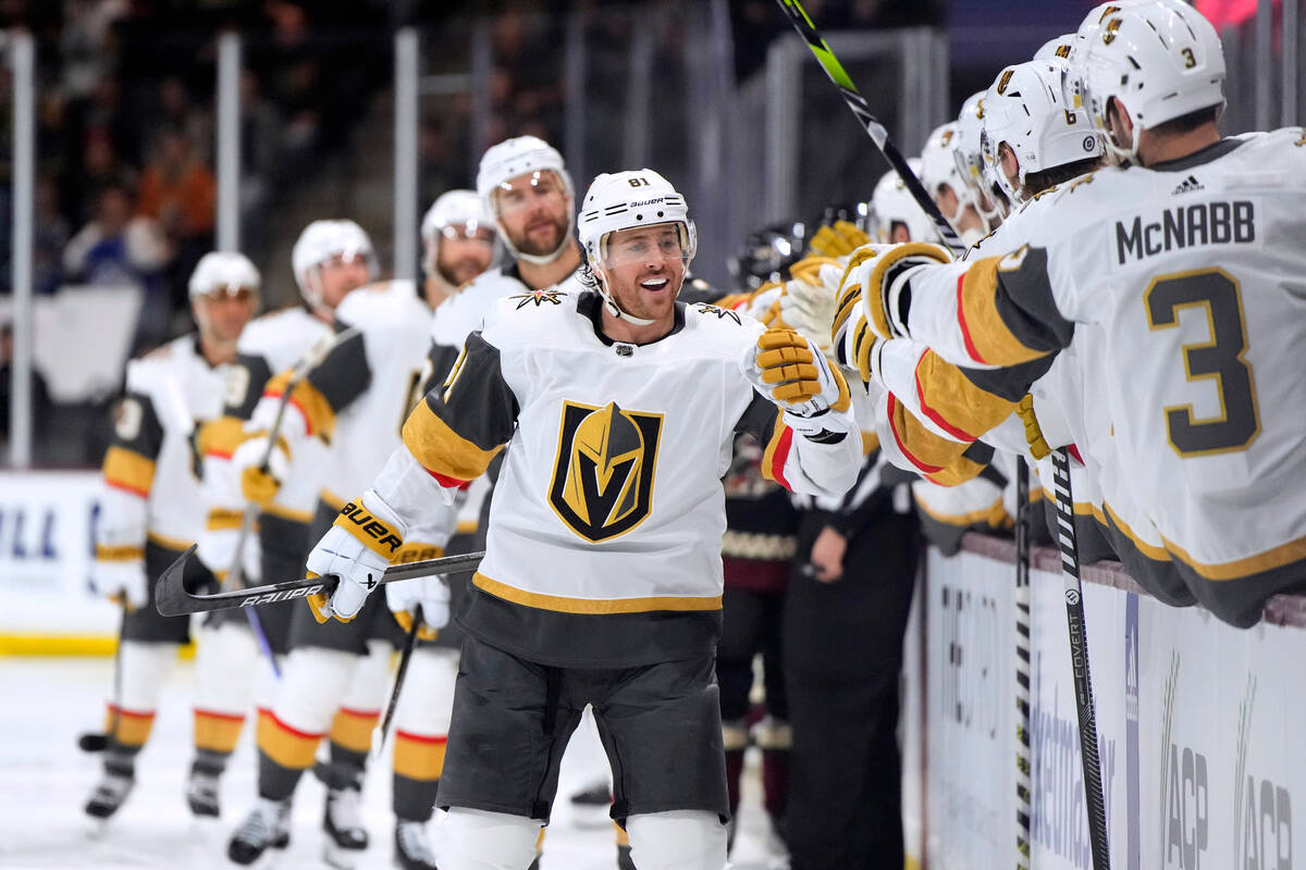 Vegas Golden Knights right wing Jonathan Marchessault (81) is congratulated after scoring again ...