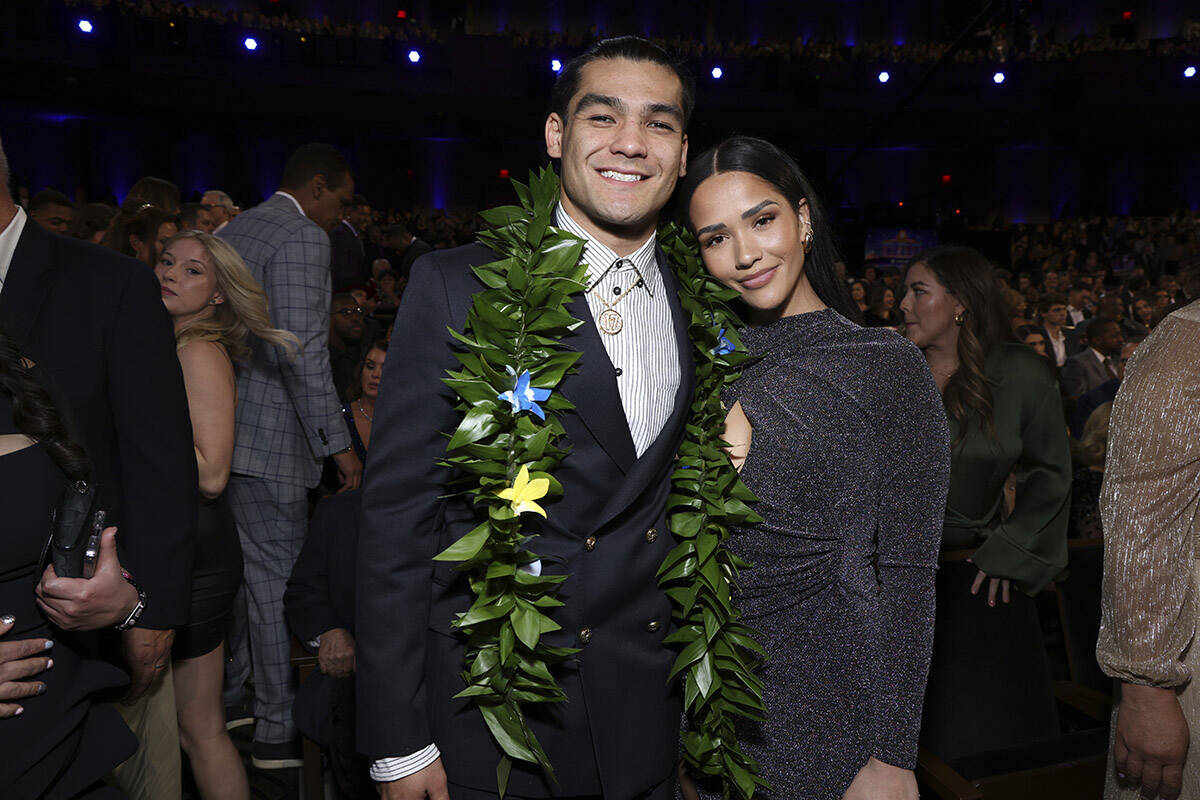 Puka Nacua, left, and Hallie Aiono during the NFL Honors award show ahead of the Super Bowl 58 ...