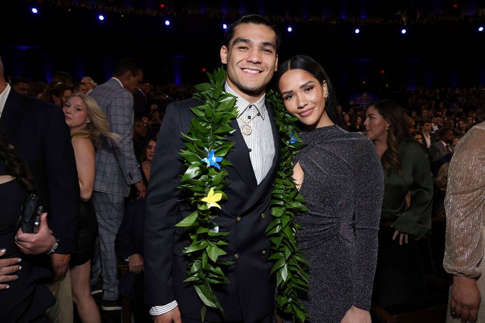Puka Nacua, left, and Hallie Aiono during the NFL Honors award show ahead of the Super Bowl 58 ...