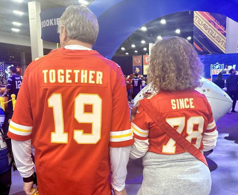 Arkansas couple Craig and Peggy Noble wear their Kansas City Chiefs jerseys at the Super Bowl E ...