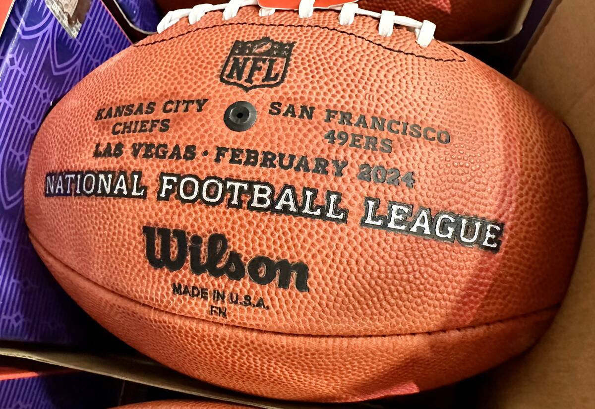 A Wilson football commemorates the first Las Vegas Super Bowl. The football was for sale at the ...