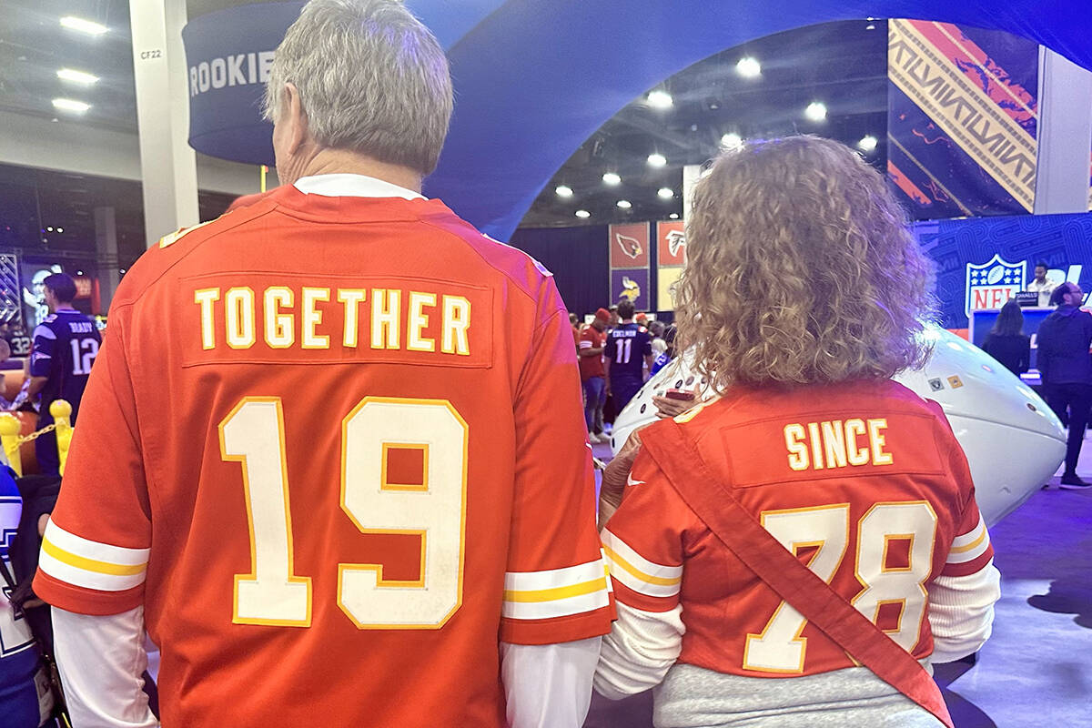 Arkansas couple Craig and Peggy Noble wear their Kansas City Chiefs jerseys at the Super Bowl E ...