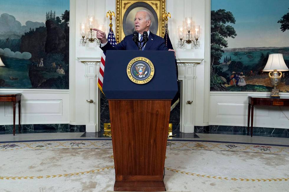 President Joe Biden speaks in the Diplomatic Reception Room of the White House, Thursday, Feb. ...