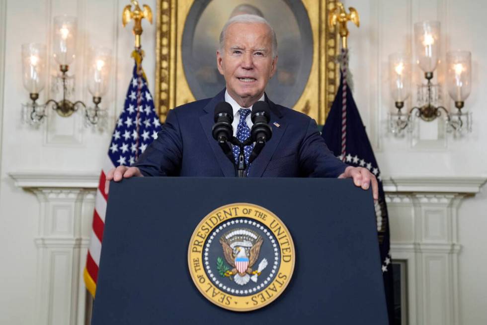 President Joe Biden speaks in the Diplomatic Reception Room of the White House, Thursday, Feb. ...