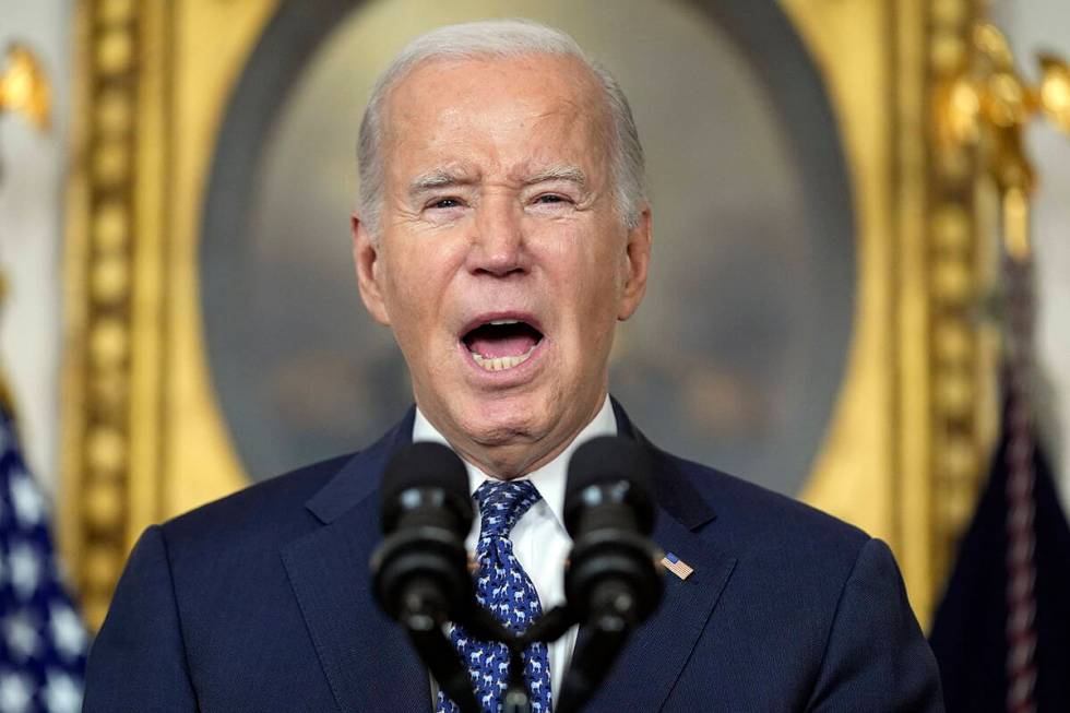 President Joe Biden speaks in the Diplomatic Reception Room of the White House, Thursday, Feb. ...