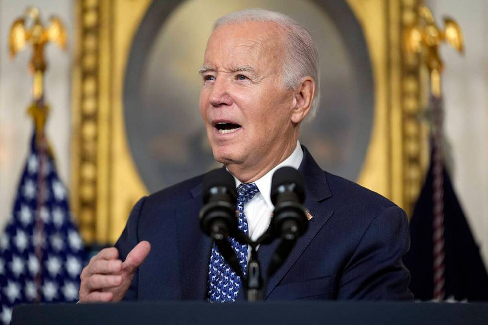 President Joe Biden speaks in the Diplomatic Reception Room of the White House, Thursday, Feb. ...