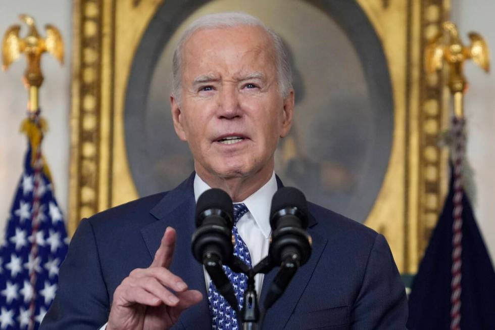 President Joe Biden speaks in the Diplomatic Reception Room of the White House, Thursday, Feb. ...