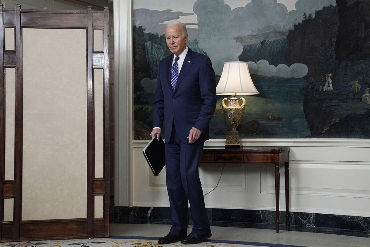 President Joe Biden pauses after speaking in the Diplomatic Reception Room of the White House, ...