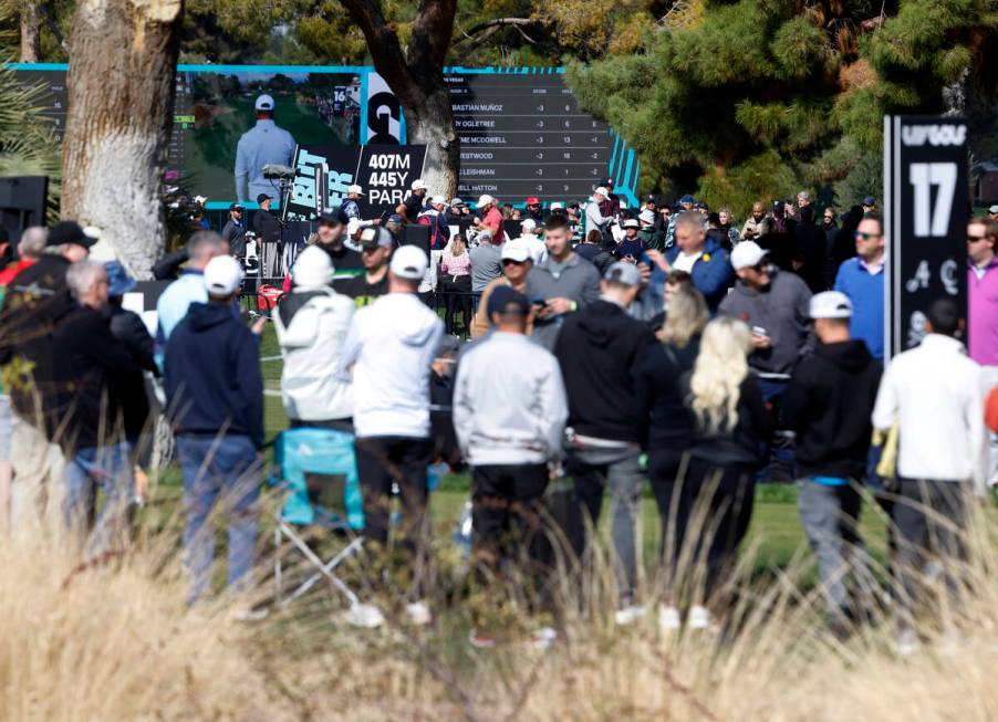 Fans watch the second round of LIV Golf Las Vegas tournament at Las Vegas Country Club, on Frid ...