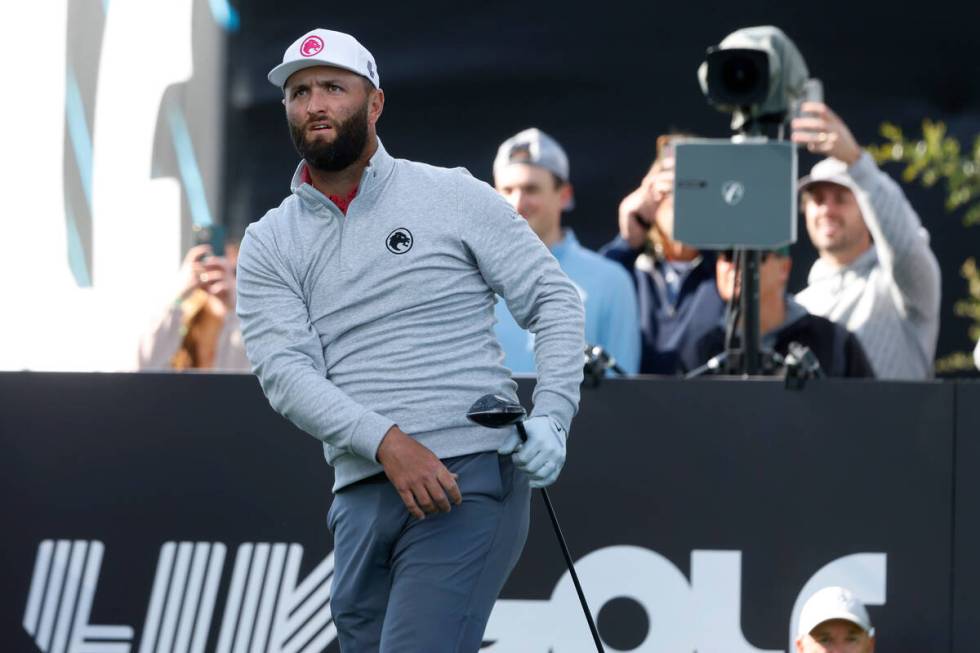 Jon Rahm of team Legion XIII watches his tee drive during the second round of LIV Golf Las Vega ...