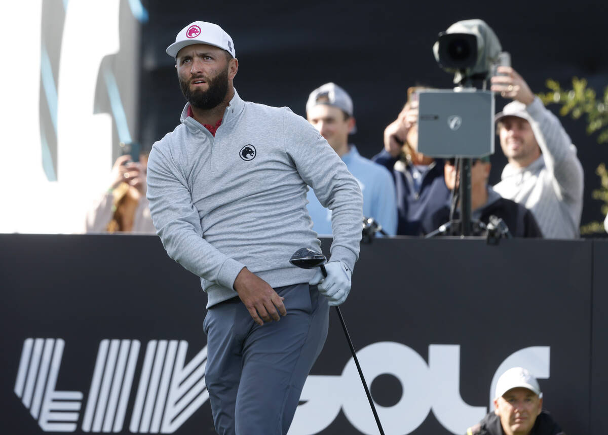 Jon Rahm of team Legion XIII watches his tee drive during the second round of LIV Golf Las Vega ...