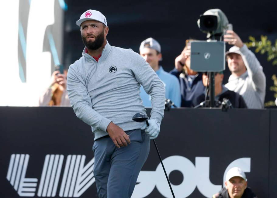 Jon Rahm of team Legion XIII watches his tee drive during the second round of LIV Golf Las Vega ...