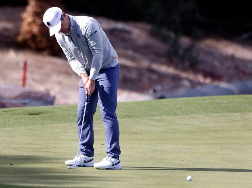 Paul Casey of team Crushers GC watches his putt on the 9th hole during the second round of LIV ...