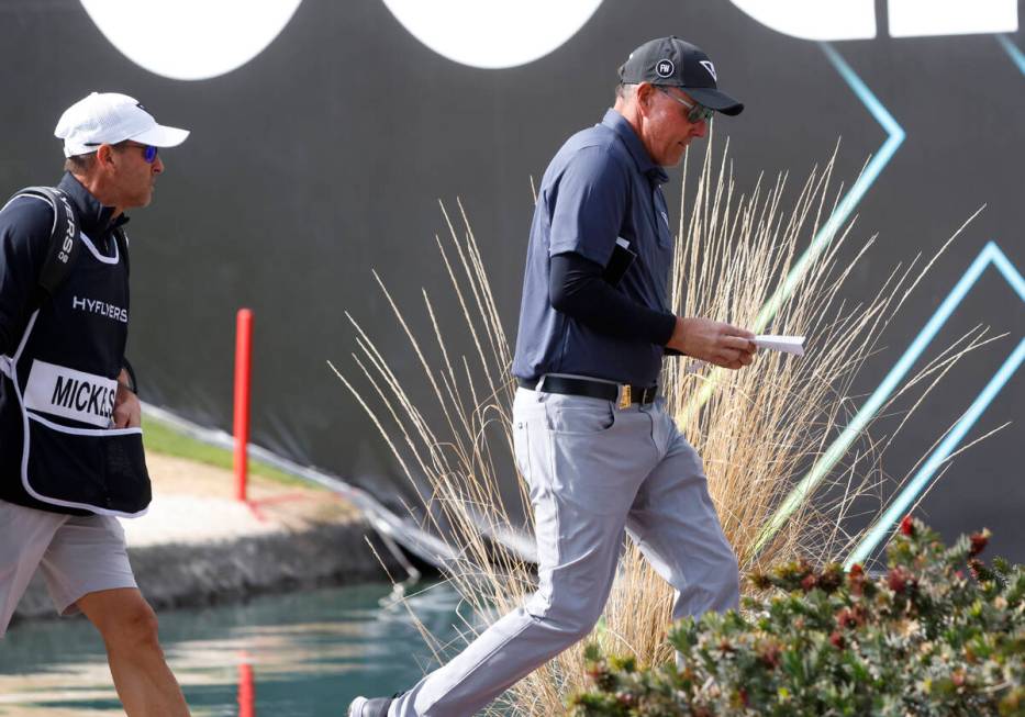 Phil Mickelson of team HyFlyers GC walks toward the 12th hole during the second round of LIV Go ...