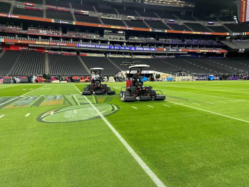 Allegiant Stadium's field tray moved inside the facility ahead of Super Bowl 58, as seen on Feb ...