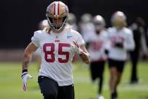 San Francisco 49ers tight end George Kittle (85) warms up during a practice ahead of the Super ...