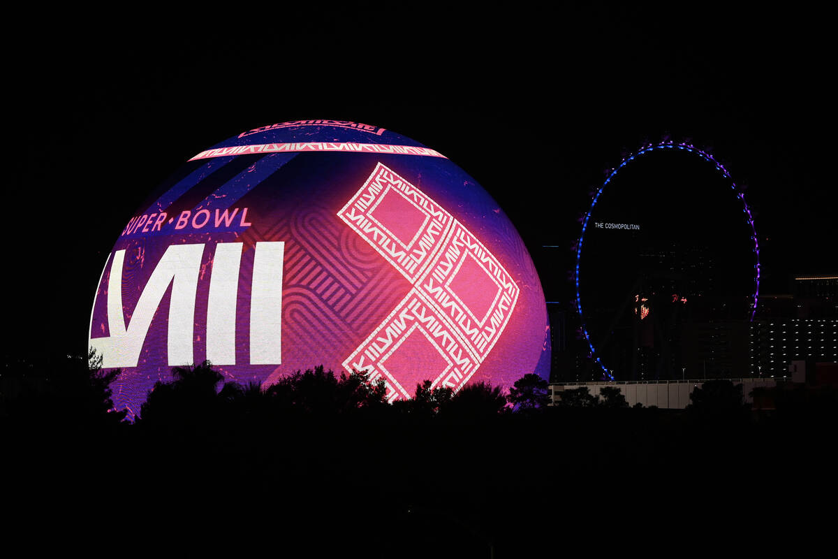 The Sphere shows a Super Bowl graphic while the High Roller is seen in the background the day b ...