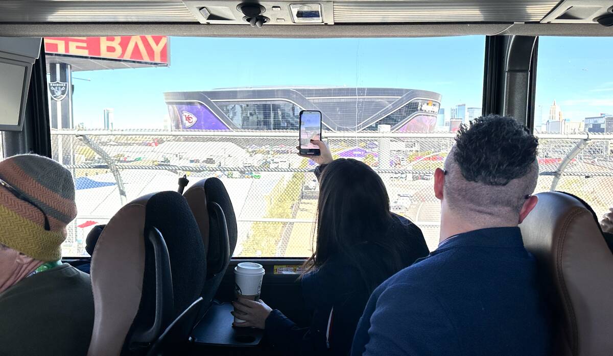 Media on the shuttle to Allegiant Stadium. (Sam Morris/Las Vegas Review-Journal)