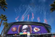 The U.S. Air Force Thunderbirds fly over Allegiant Stadium before the start of Super Bowl 58 Su ...