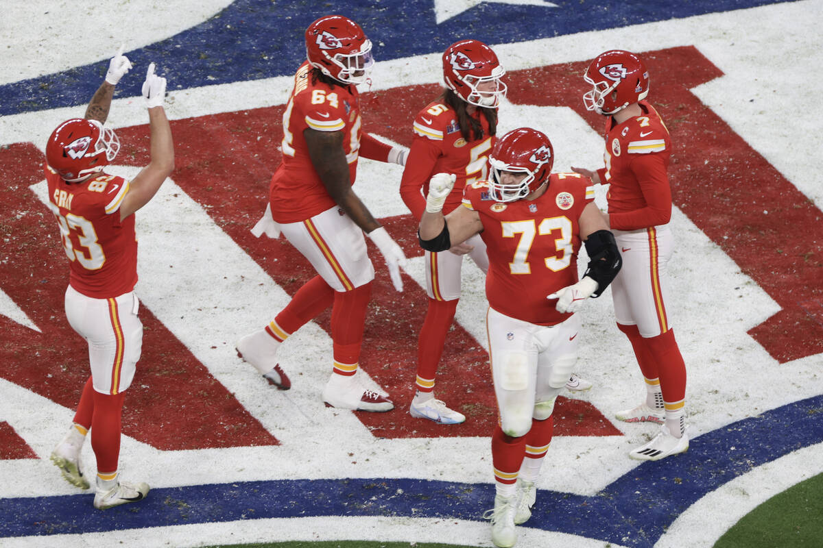 The Kansas City Chiefs celebrate a score during Super Bowl 58 against the San Francisco 49ers a ...