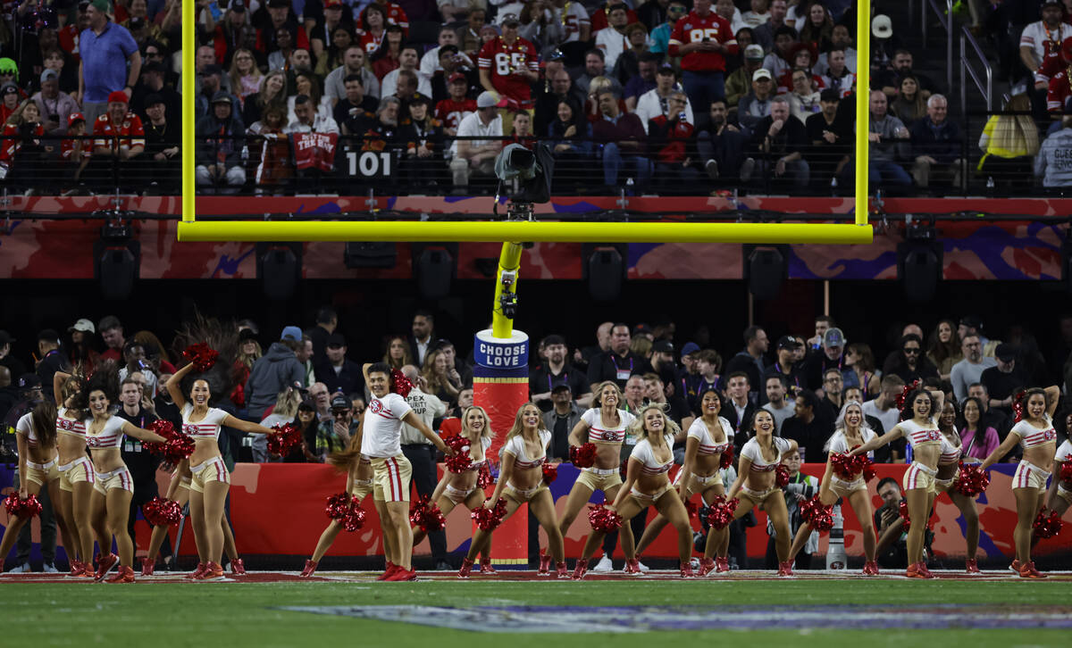 San Francisco 49ers cheerleaders perform during the first half of Super Bowl 58 at Allegiant St ...
