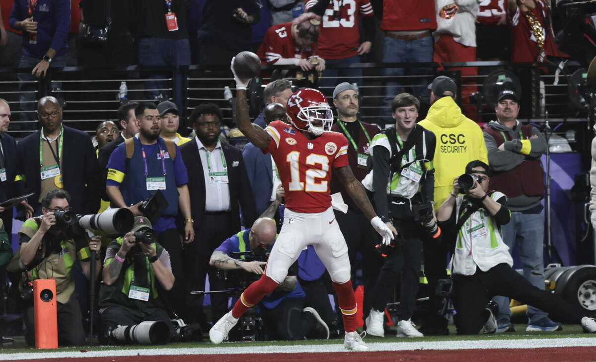 Kansas City Chiefs wide receiver Mecole Hardman Jr. (12) celebrates winning touchdown in overti ...