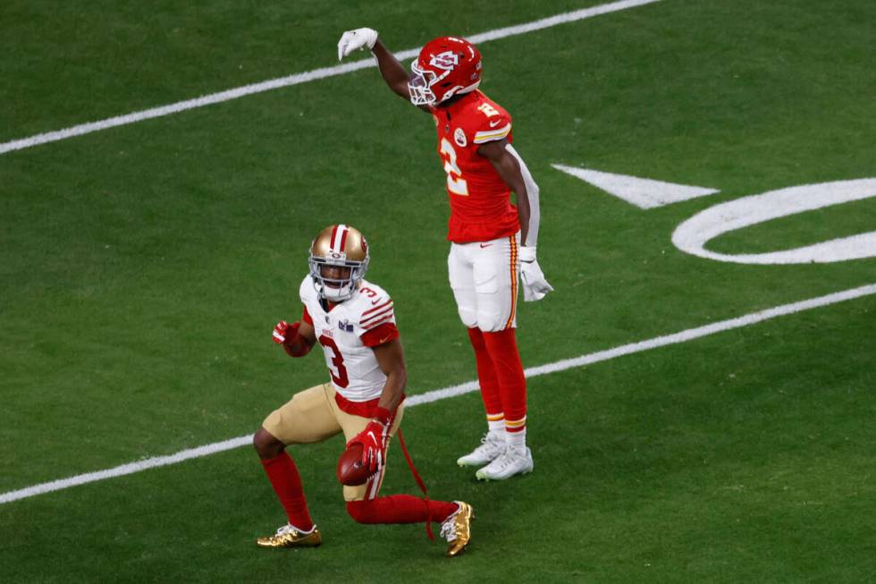 Kansas City Chiefs cornerback Joshua Williams (2) signals his stop of San Francisco 49ers wide ...