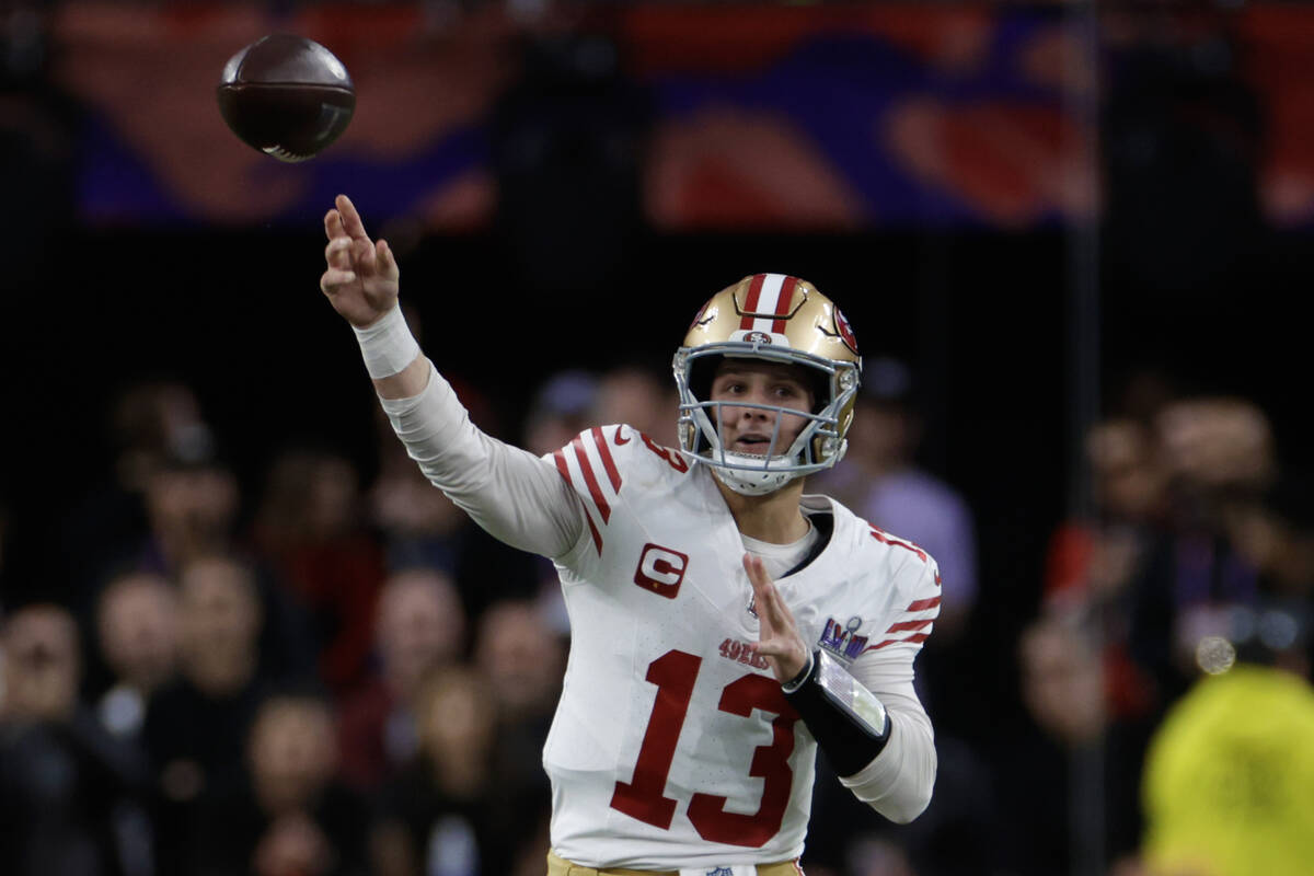San Francisco 49ers quarterback Brock Purdy (13) throws during the first half against the Kansa ...
