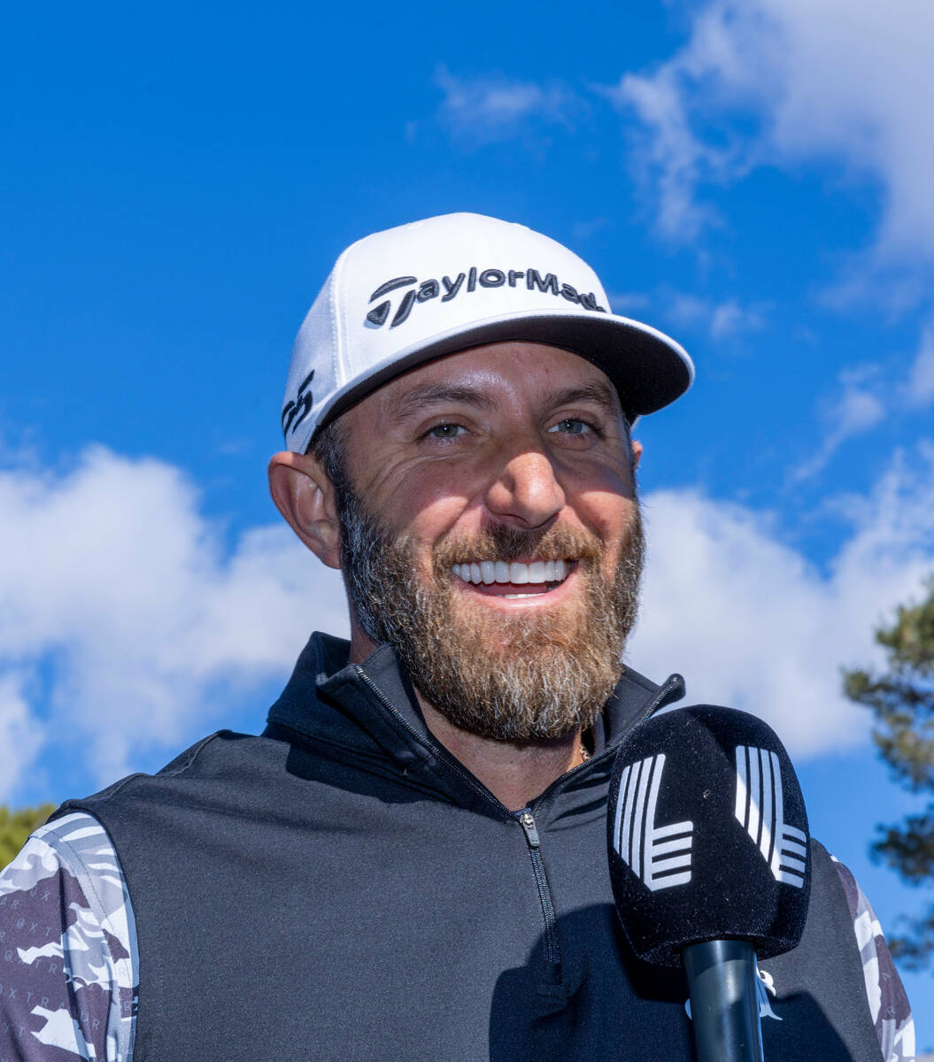 Dustin Johnson talks about his win during the final round of the LIV Golf tournament at the Las ...