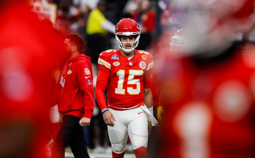 Kansas City Chiefs quarterback Patrick Mahomes warms up before the start of Super Bowl 58 at Al ...