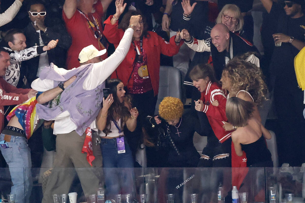Taylor Swift and others celebrate the Kansas City Chiefs defeating the San Francisco 49ers in o ...