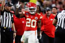 Kansas City Chiefs safety Justin Reid (20) celebrates after a play against the San Francisco 49 ...