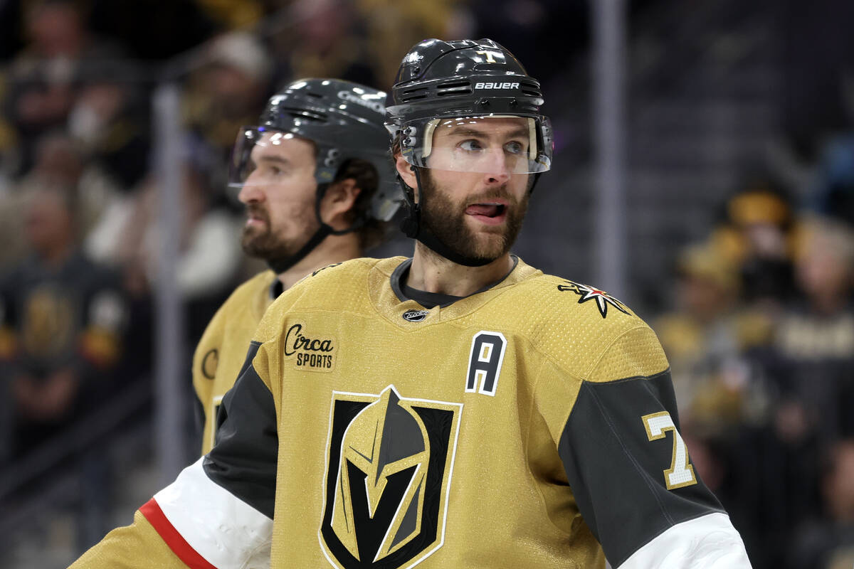 Golden Knights defenseman Alex Pietrangelo prepares for face off during the second period of an ...