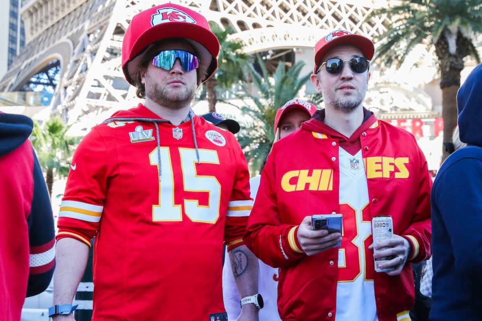 Kansas City Chiefs fans walk along the Strip before Super Bowl LVIII on Sunday, Feb. 11, 2024 i ...