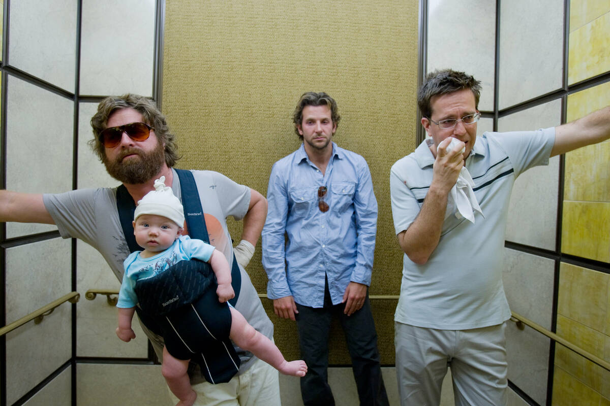 From left, Zach Galifianakis, Bradley Cooper and Ed Helms appear in a scene from "The Hangover. ...
