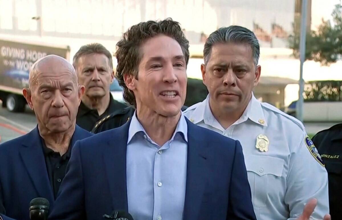 Pastor Joel Osteen speaks to the media after a shooting at Lakewood Church, in Houston, Sunday, ...
