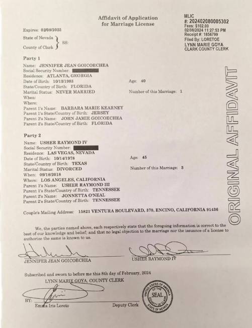 Clark County Marriage License Bureau's certificate for Usher and Jennifer Goicoechea, filed th ...