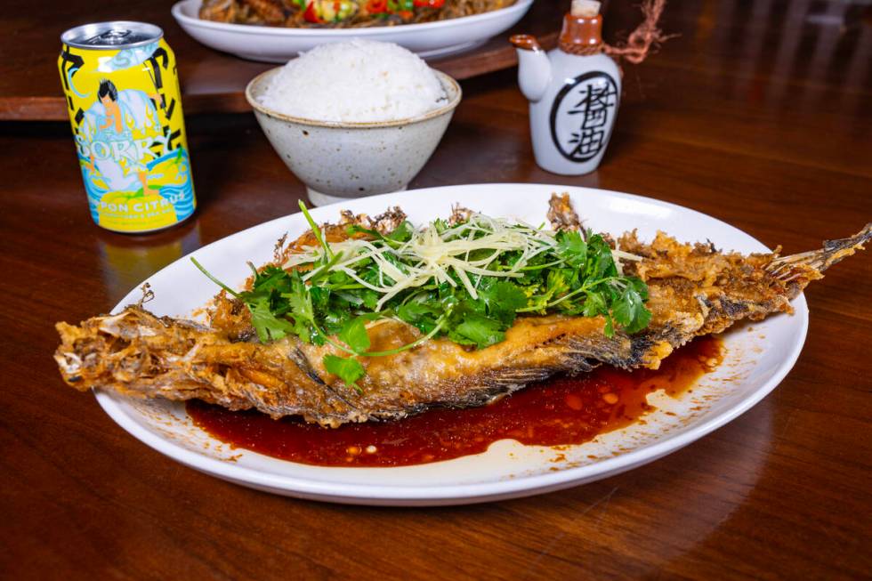 Deep-fried flounder is being served for Chinese New Year 2024 at The Noodle Den in Sahara Las V ...