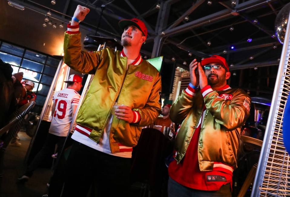 San Fransisco 49ers fans cheer on their team at BrewDog Las Vegas on Sunday, Feb. 11, 2024 in L ...