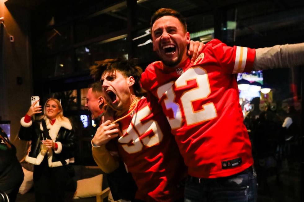 Kansas City Chief fans celebrate their team winning Super Bowl LVIII after a touchdown at BrewD ...