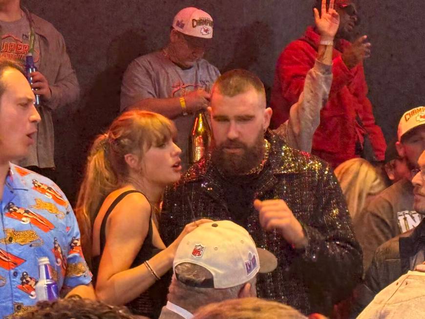 Taylor Swift and Travis Kelce at Zouk Nightclub at Resorts World after Kelce's Chiefs won Super ...