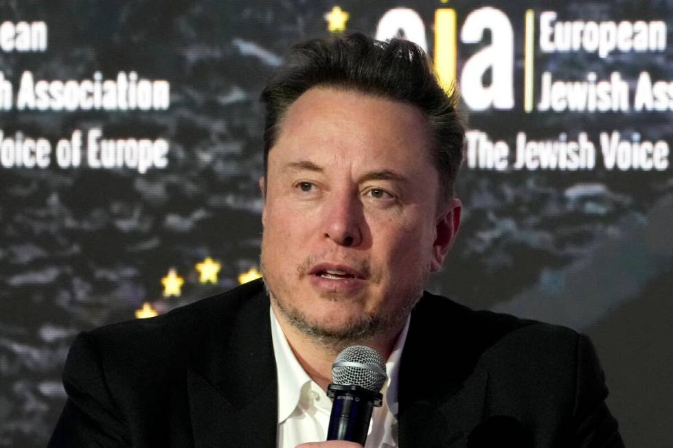 Elon Musk addresses the European Jewish Association's conference in Krakow, Poland, Monday, Jan ...